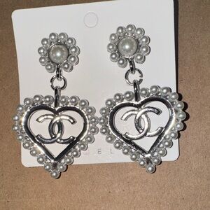 Fashion Jewelry Silver Pearl Heart Drop Earrings